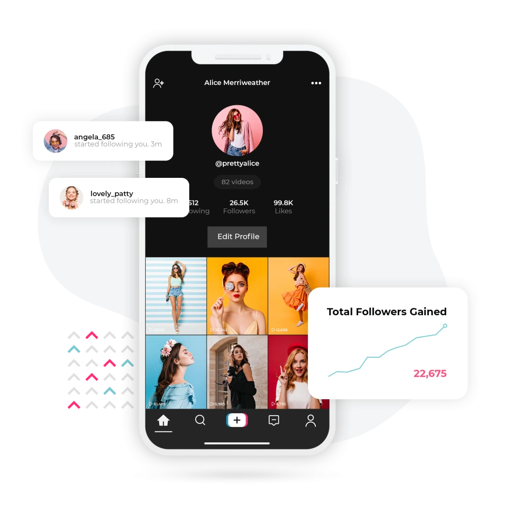 TikTok profile with a new follower notification and an upward graph.